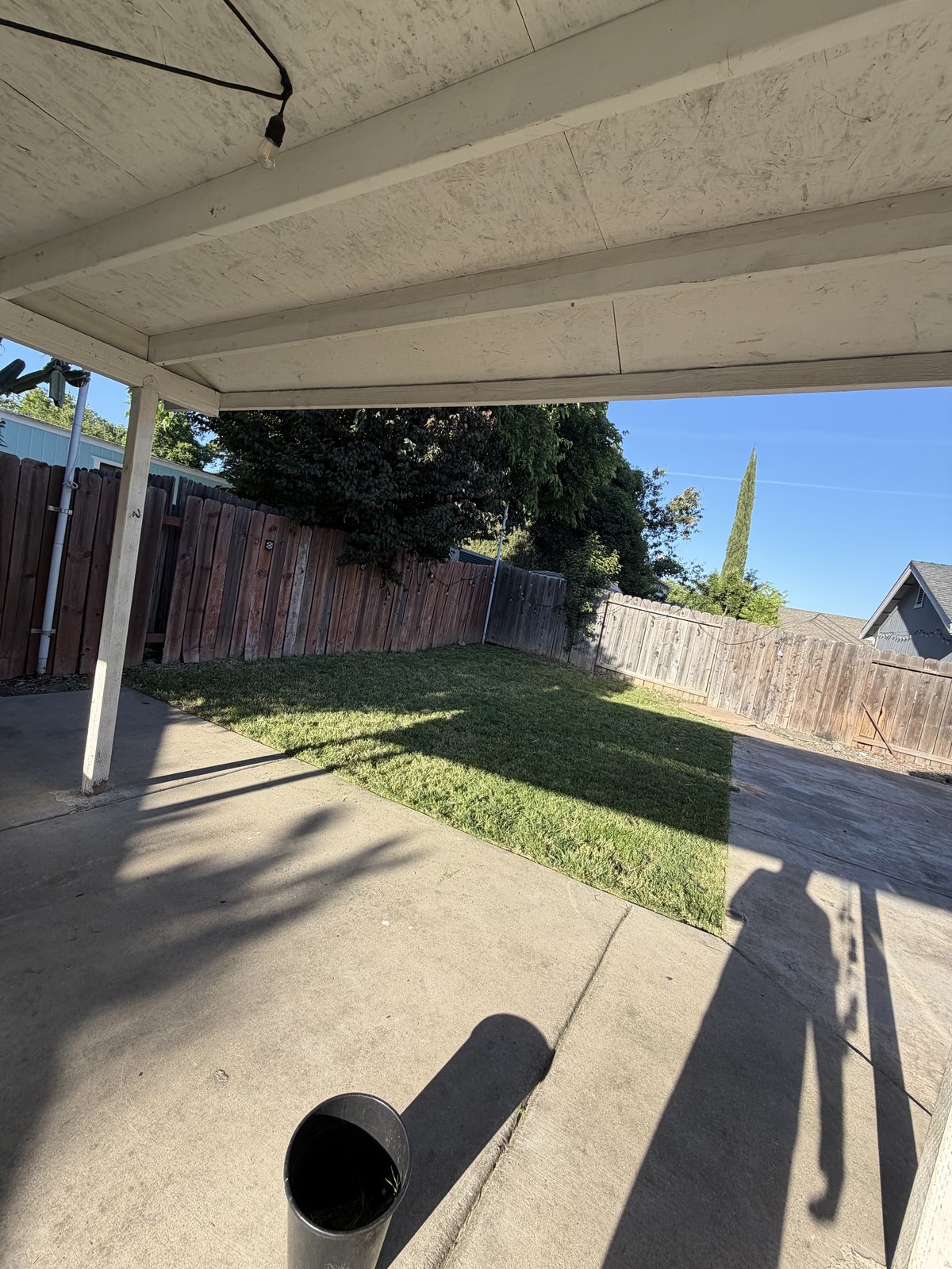 The same backyard freshly mowed and cleaned up